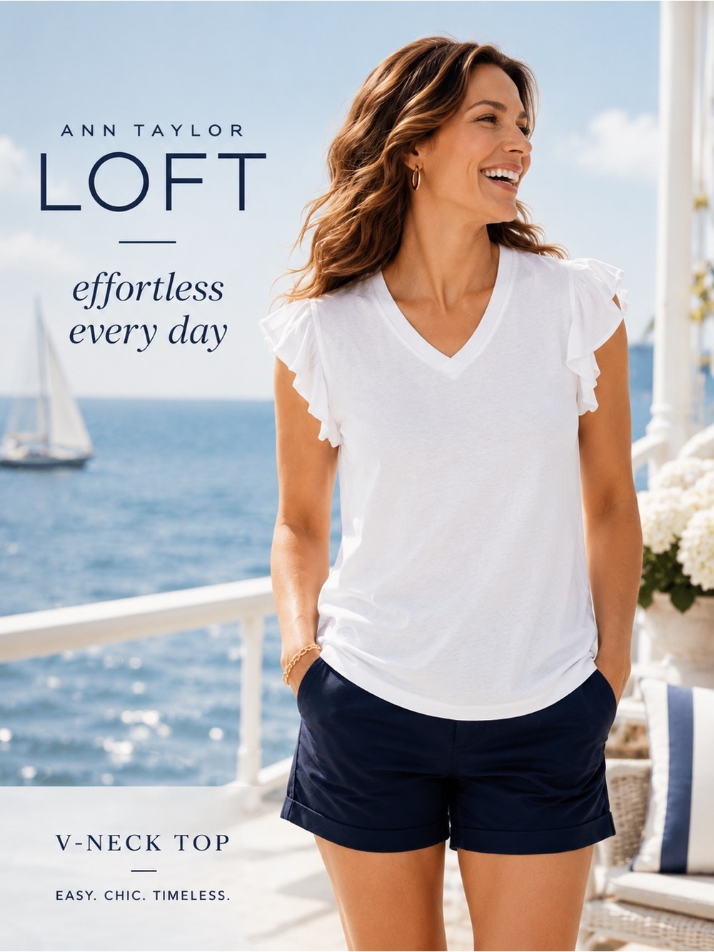 LOFT White V-Neck Ruffle Sleeve Tank size xl